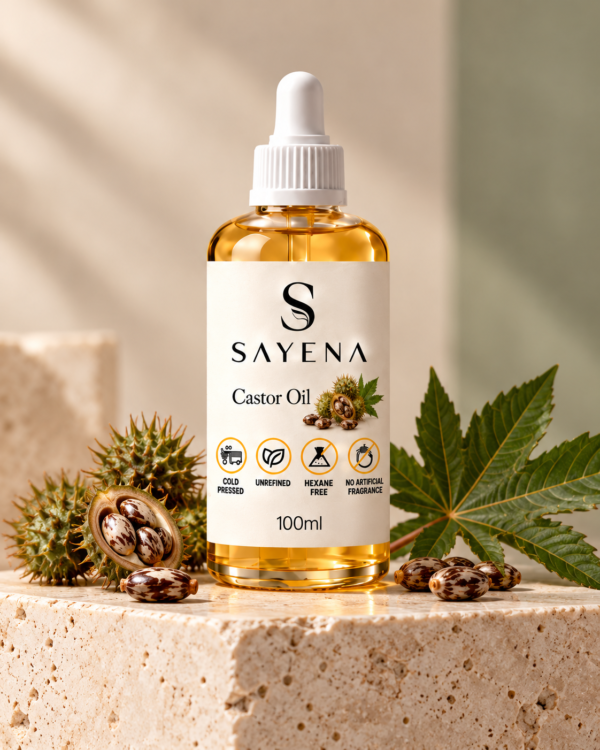 SAYENA Castor Oil 100ml bottle with botanical ingredients on an ivory stone display